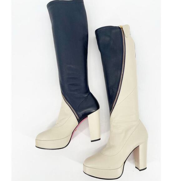 Gucci Navy Blue Ivory Bicolor Agon Knee High Asymmetric Zip Platform Boot EU 39 - Picture 4 of 15